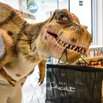 Daphne the Dinosaur looking for her missing eggs at Clarks Village Daphne the Dinosaur looking for her missing eggs at Clarks Village