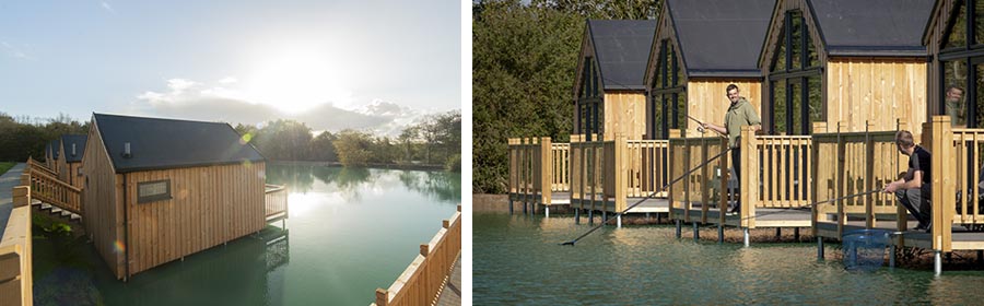 Clawford Lakes Luxury Devon Lake Pods - outside 2 men fishing plus rear view of the pods