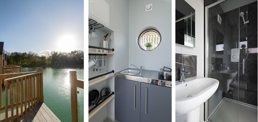 Clawford Lakes Luxury Devon Lake Pods - outside view from pod plus inside kitchen and bathroom of the pods